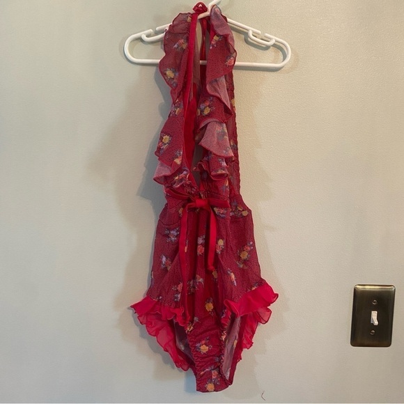 Free People x We Are HAH red Butterfly Bodysuit halter ruffled extra small - Picture 1 of 9